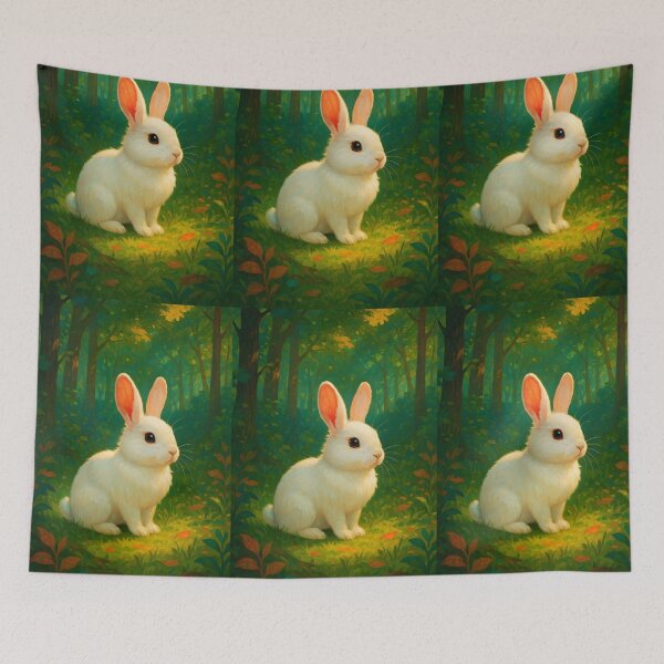 Item preview, White Bunny Sitting in Lush Green Forest – Vibrant Digital Illustration designed and sold by EmeraldeaArt.