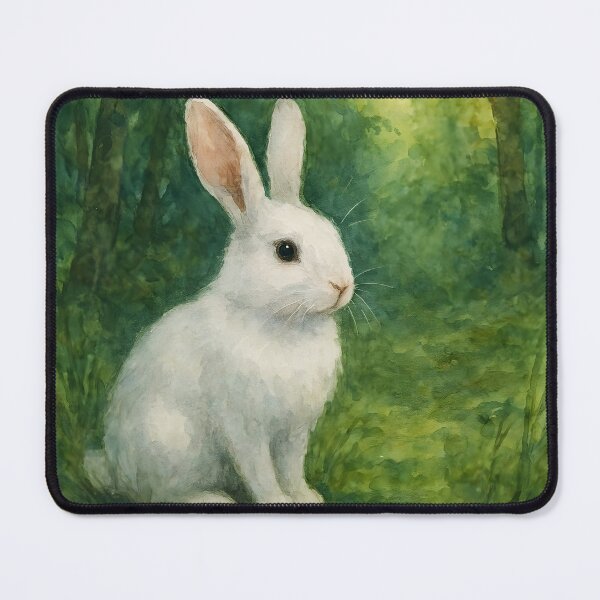Item preview, White Watercolor Bunny Sitting on Green Forest Path – Soft Nature Illustration designed and sold by EmeraldeaArt.