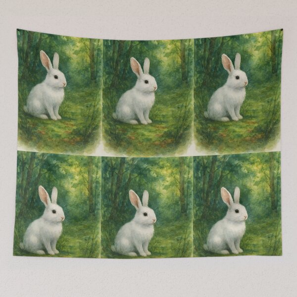 Item preview, White Watercolor Bunny Sitting on Green Forest Path – Soft Nature Illustration designed and sold by EmeraldeaArt.