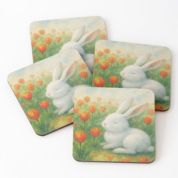 Item preview, White Bunny Resting Among Spring Red Tulips – Light Rain Watercolor Illustration designed and sold by EmeraldeaArt.