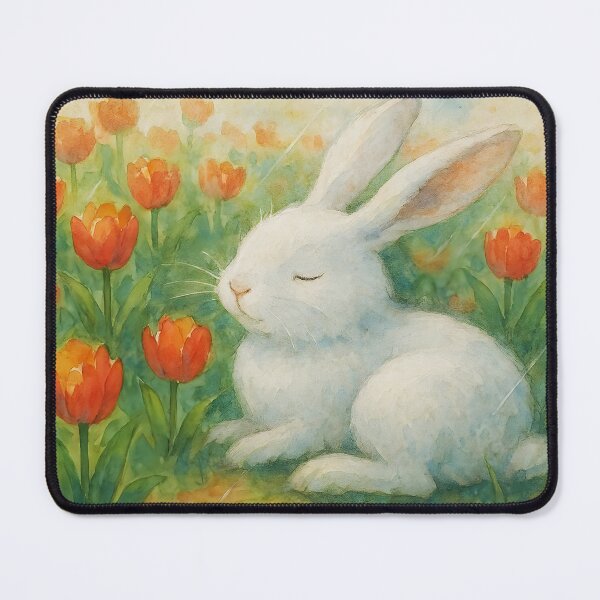 Item preview, White Bunny Resting Among Spring Red Tulips – Light Rain Watercolor Illustration designed and sold by EmeraldeaArt.