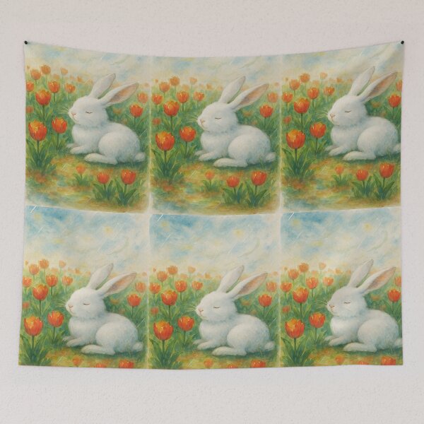 Item preview, White Bunny Resting Among Spring Red Tulips – Light Rain Watercolor Illustration designed and sold by EmeraldeaArt.