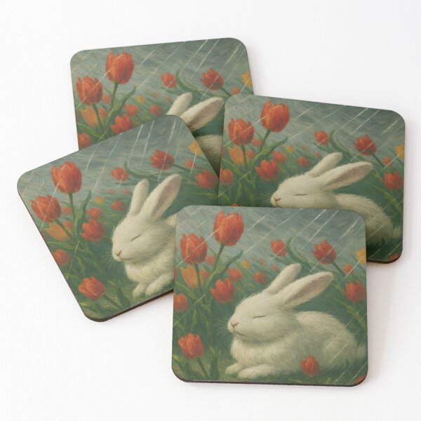 Item preview, Conejo blanco descansando entre tulipanes – Acuarela bajo una lluvia tormentosa designed and sold by EmeraldeaArt.