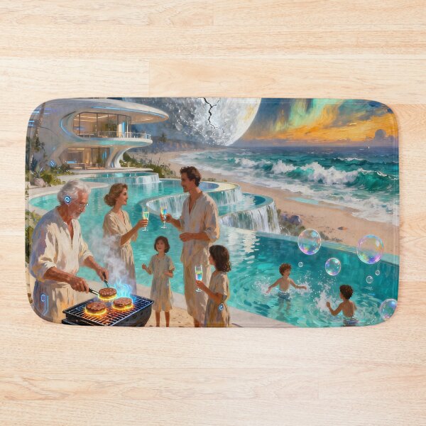 Artikelvorschau, Futuristischer Strand, Familienparadies, surreale Mond-Ozean-Traumlandschaft, Kunstdruck entworfen und verkauft von DreamyWallVibes.
