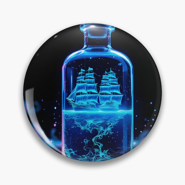 Item preview, Neon Blue Ship in Bottle Fantasy Ocean Glow Surreal Digital Art Wallpaper designed and sold by DreamyWallVibes.