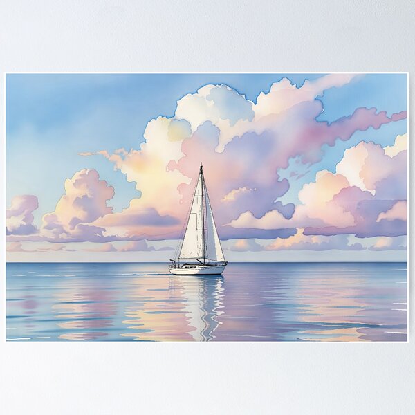 Item preview, Aesthetic Watercolor Sailboat Pastel Sky Poster Art Print designed and sold by A1DesignMinimal.