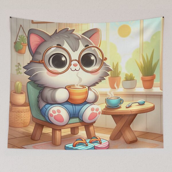 Item preview, Cute Relaxed Cat Drinking Coffee designed and sold by CuteThingsWorld.