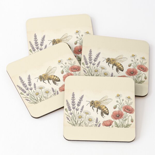 Item preview, Honey Bee Wildflower Garden - Vintage Botanical Illustration Bee Lavender Poppy Daisy Art designed and sold by magiquecreations.