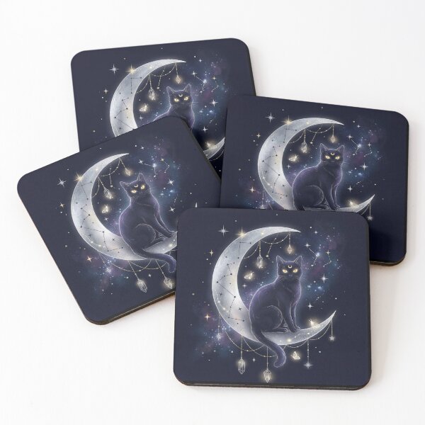 Item preview, Mystical Black Cat on Crescent Moon - Celestial Witchy Cat Constellation Crystal Magic Art designed and sold by magiquecreations.