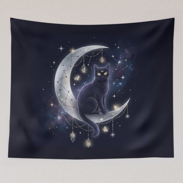Item preview, Mystical Black Cat on Crescent Moon - Celestial Witchy Cat Constellation Crystal Magic Art designed and sold by magiquecreations.