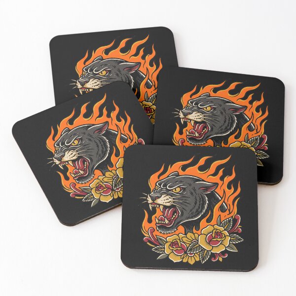 Item preview, Black Panther Head Traditional Tattoo Art with Fire and Roses designed and sold by seven things shop.