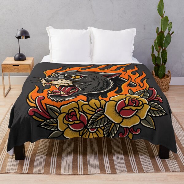 Item preview, Black Panther Head Traditional Tattoo Art with Fire and Roses designed and sold by seven things shop.