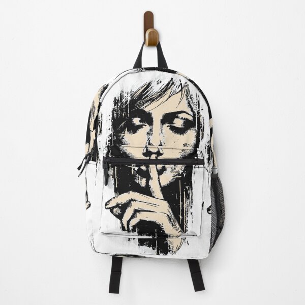 Item preview, A striking monochrome grunge illustration of a woman pressing a finger to her lips, evoking silence, secrecy, mystery and introspection designed and sold by Dejbar.