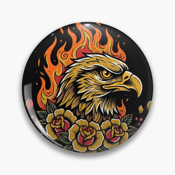 Item preview, Traditional Tattoo Eagle Head with Fire and Yellow Roses, Vintage American Style Graphic, Golden Eagle Illustration designed and sold by seven things shop.