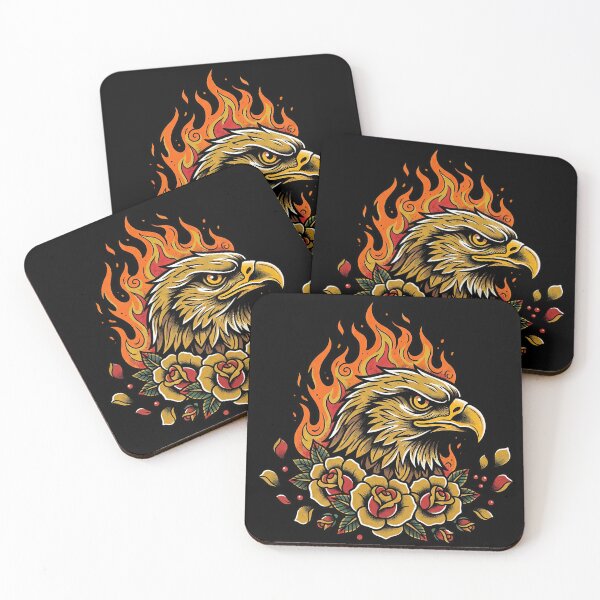 Item preview, Traditional Tattoo Eagle Head with Fire and Yellow Roses, Vintage American Style Graphic, Golden Eagle Illustration designed and sold by seven things shop.