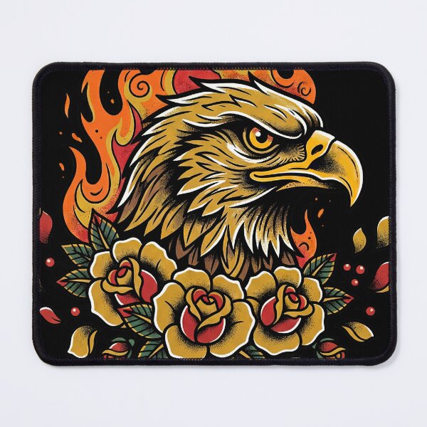 Item preview, Traditional Tattoo Eagle Head with Fire and Yellow Roses, Vintage American Style Graphic, Golden Eagle Illustration designed and sold by seven things shop.