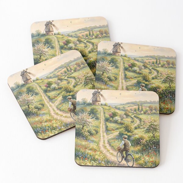 Item preview, Vintage Pastoral Journey - Boy Cycling to the Windmill designed and sold by Art-Inspir-AI.