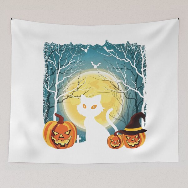 Item preview, Mystical White Cat Halloween Night Moonlit Pumpkins designed and sold by KrisGraphic45.