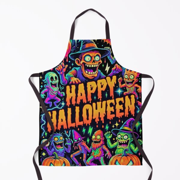 Item preview, Happy Halloween Neon Psychedelic Monsters - Witch Skeleton & Crazy Pumpkins Poster designed and sold by David Brookes Digital.