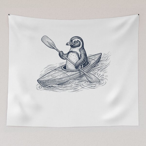 Aperçu de l'œuvre Vintage Penguin Kayaking Sports nautiques Amoureux des animaux créée et vendue par DoodleTortle.
