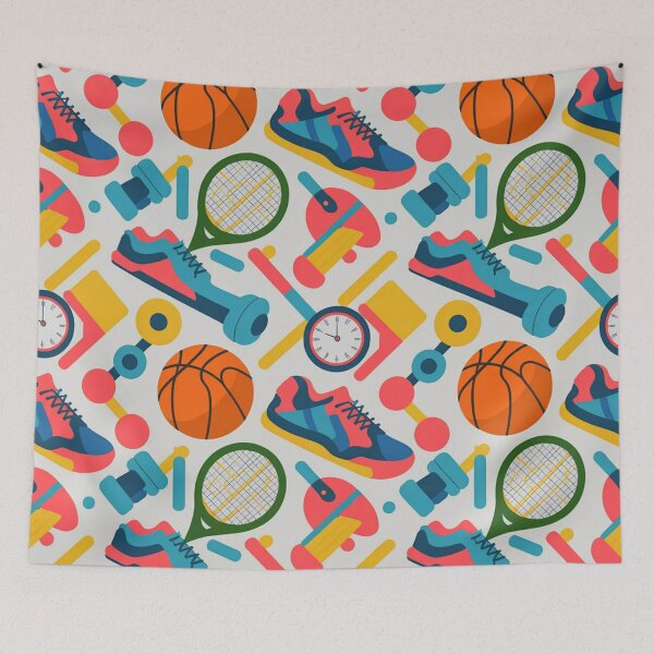 Item preview, Vibrant Sports Seamless Pattern – Sneakers, Dumbbells, Basketballs & Tennis Rackets designed and sold by Midnight Veil Designs.