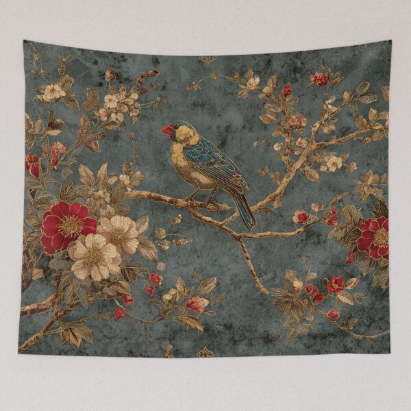 Item preview, Goldfinch Silk Flowers Birds Gentle Chinese Art Wallpaper designed and sold by GrinGalore.