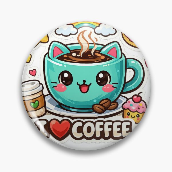 Item preview, features a playful cartoon cat that doubles as a coffee mug, surrounded by cheerful elements like a rainbow, donut, cupcake, and the bold text “I ♥ COFFEE.” It’s colorful, fun,  designed and sold by sumitha83.