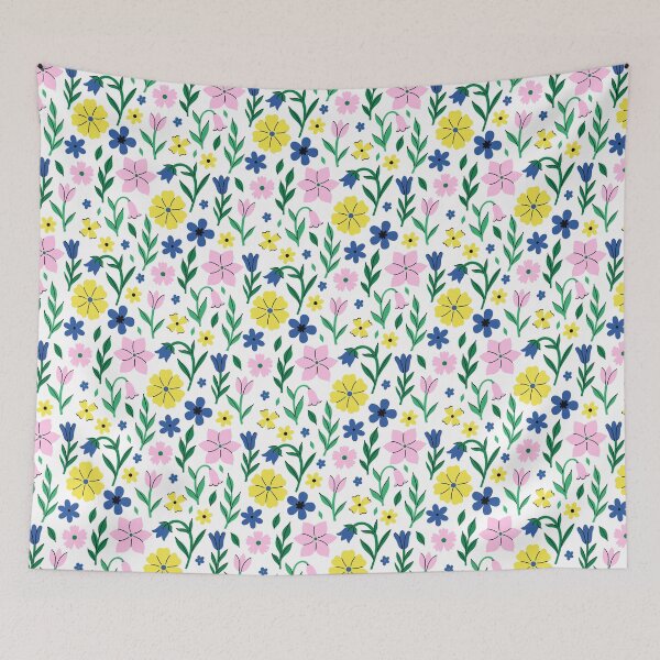 Item preview, pink, yellow, and blue flowers on a white background designed and sold by burbura.