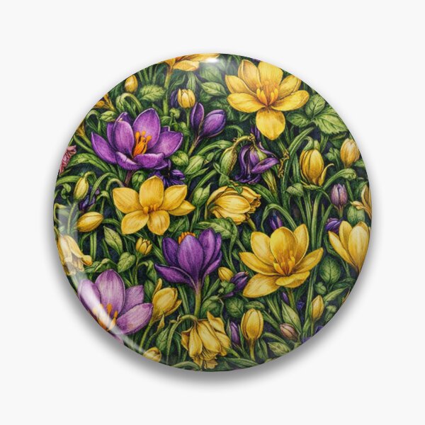 Artikelvorschau, Maximalistisches Krokus-Blumenmuster – Dichtes botanisches Design in Violett und Gelb entworfen und verkauft von Velvet Botanica Atelier.