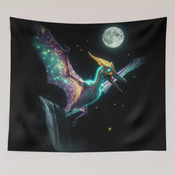 Item preview, Glowing Pterodactyl Colorful Dinosaur Mystical Moonlit Scene designed and sold by Syrupulse.