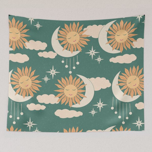 Item preview, Teal Celestial Sun Moon Retro Boho Vintage Pattern Art designed and sold by DColourMuse.