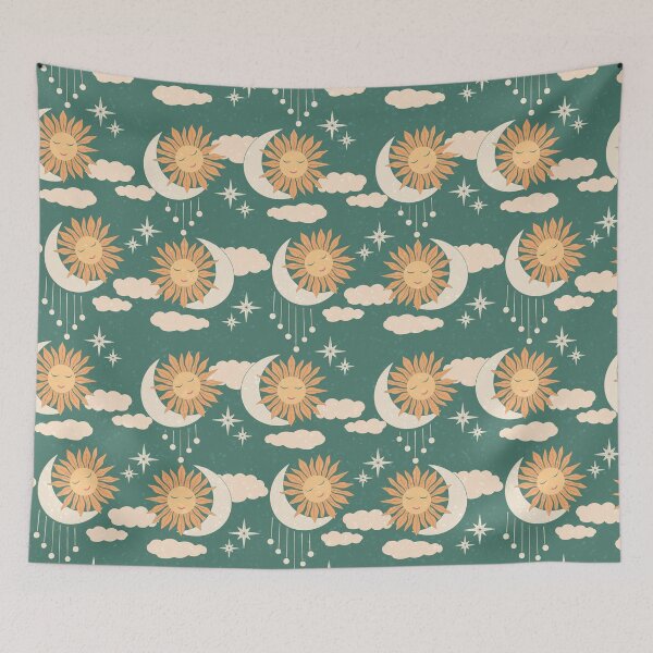 Item preview, Medium scale of Teal Celestial Sun Moon Retro Boho Vintage Pattern Art designed and sold by DColourMuse.