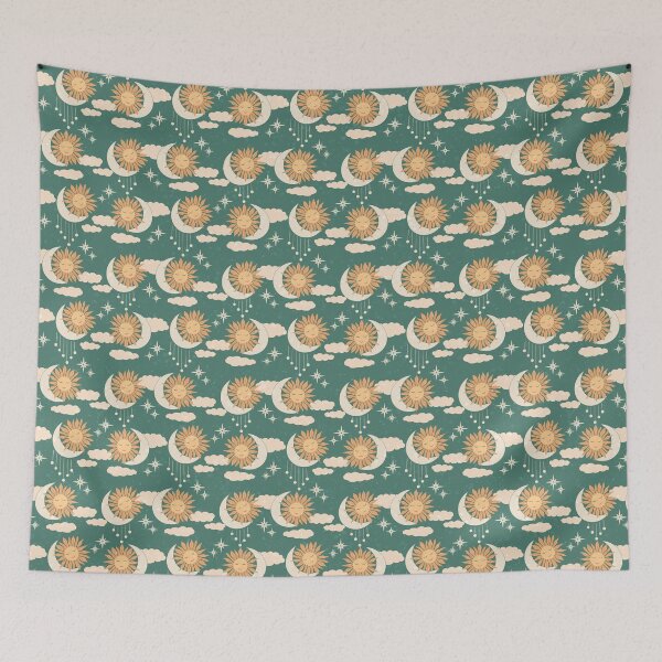 Item preview, Small scale of Teal Celestial Sun Moon Retro Boho Vintage Pattern Art designed and sold by DColourMuse.