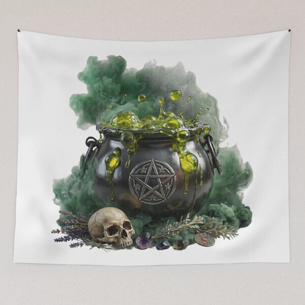 Item preview, Witch Cauldron with Pentagram Boiling Green Bubbles, Witchcraft Illustration designed and sold by Cauldron Crafts.
