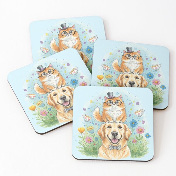 Item preview, Whimsical Cat & Golden Retriever Garden Tea Party – Cute Watercolor Illustration designed and sold by Nusha Creations.