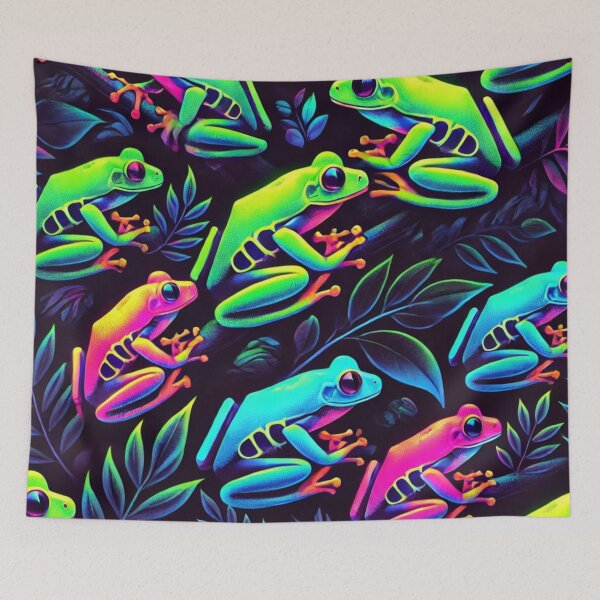 Item preview, Neon Tree Frog Pattern on Black – Tropical Frog  designed and sold by TEEJAMBOREE.