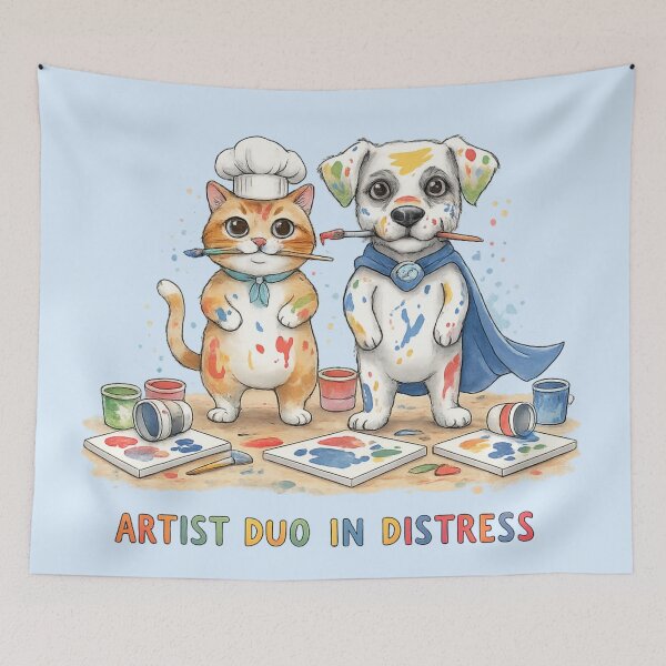 Item preview, Artist Duo in Distress – Funny Cat & Dog Painting Watercolor Illustration designed and sold by StickyDelights.