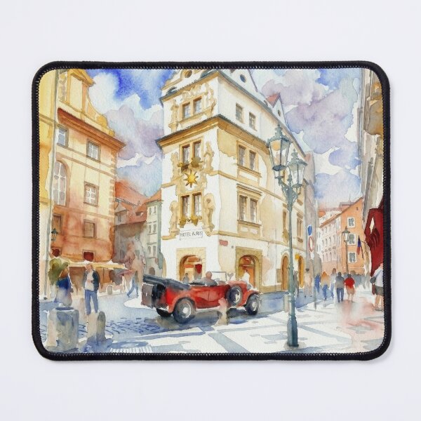 Item preview, Prague Old Town Square Watercolor with Vintage Red Car designed and sold by caracatita75.