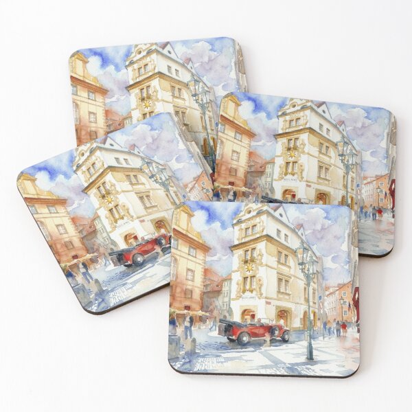 Item preview, Prague Old Town Square Watercolor with Vintage Red Car designed and sold by caracatita75.