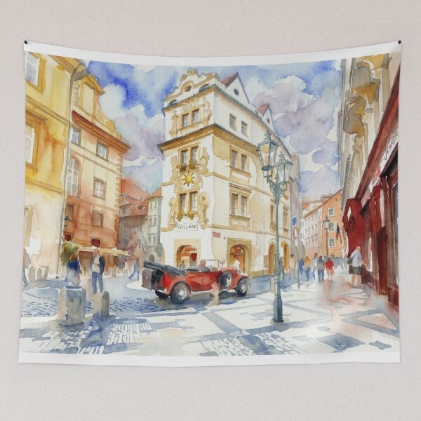 Item preview, Prague Old Town Square Watercolor with Vintage Red Car designed and sold by caracatita75.