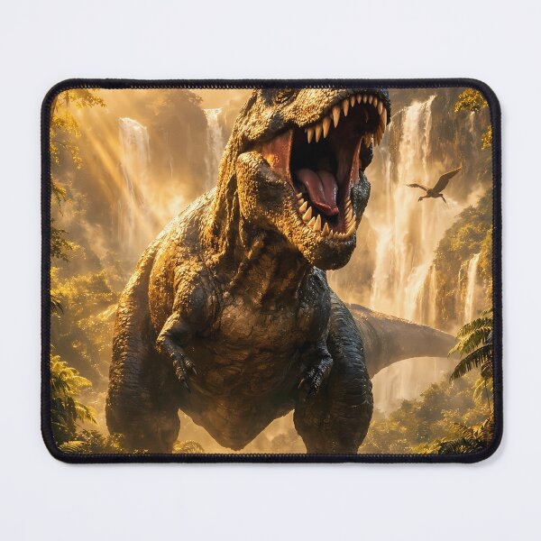 Item preview, The king of dinosaurs dominates a sun-drenched prehistoric landscape filled with mist and cascading waterfalls. designed and sold by Dreamy Armine Art.
