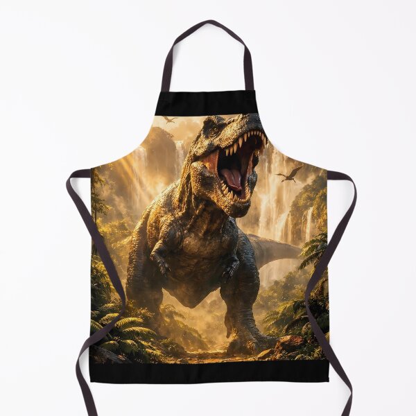 Item preview, The king of dinosaurs dominates a sun-drenched prehistoric landscape filled with mist and cascading waterfalls. designed and sold by Dreamy Armine Art.