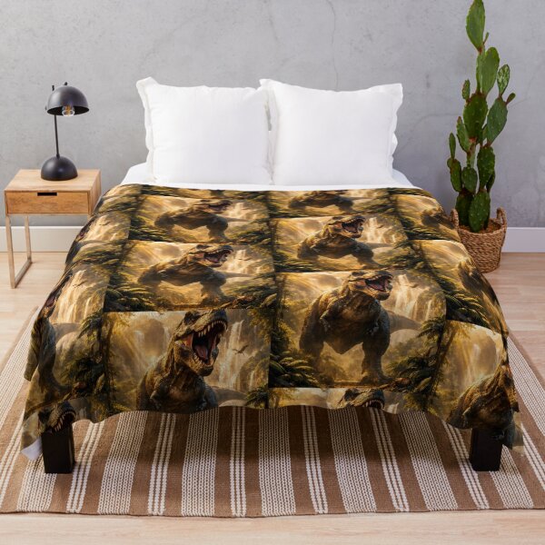 Item preview, The king of dinosaurs dominates a sun-drenched prehistoric landscape filled with mist and cascading waterfalls. designed and sold by Dreamy Armine Art.