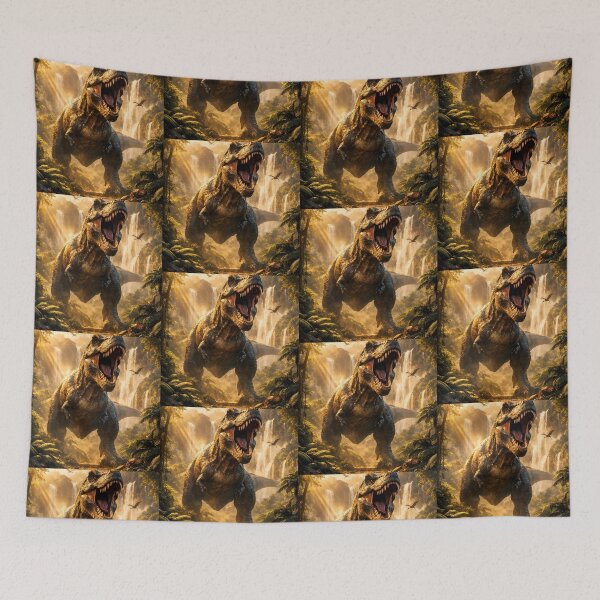 Item preview, The king of dinosaurs dominates a sun-drenched prehistoric landscape filled with mist and cascading waterfalls. designed and sold by Dreamy Armine Art.