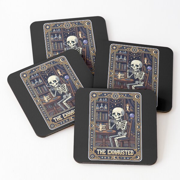 Item preview, The Exhausted - Retro Skeleton Coffee Tarot Card Pixel Art designed and sold by artistastshirt.