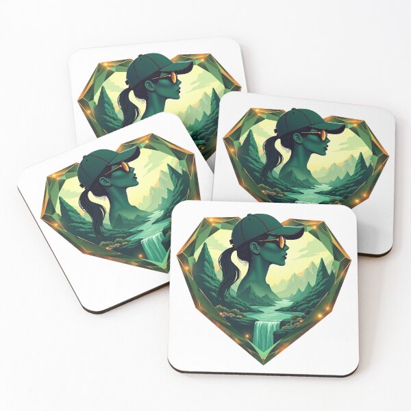 Item preview, Double exposure female portrait inside a geometric emerald crystal heart emblem designed and sold by GreenDreamArt.
