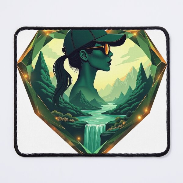 Item preview, Double exposure female portrait inside a geometric emerald crystal heart emblem designed and sold by GreenDreamArt.