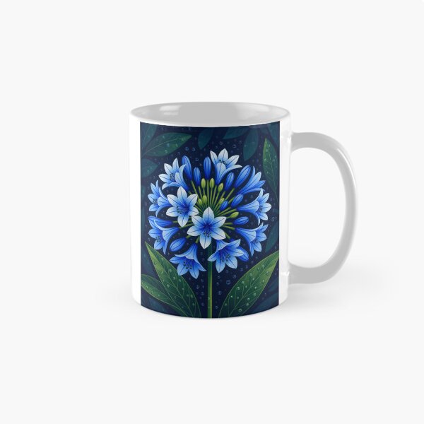 Item preview, Indigo agapanthus africanus covered in water droplets, backdrop of dark green leaves designed and sold by Ponted.