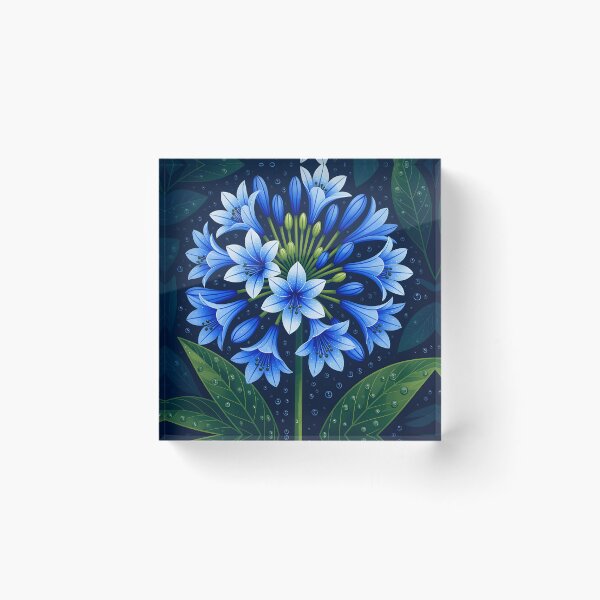 Item preview, Indigo agapanthus africanus covered in water droplets, backdrop of dark green leaves designed and sold by Ponted.
