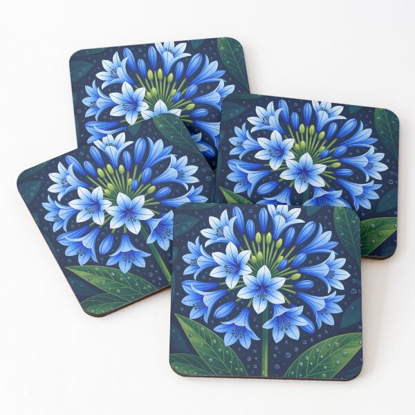 Item preview, Indigo agapanthus africanus covered in water droplets, backdrop of dark green leaves designed and sold by Ponted.